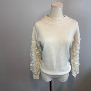 Amaryllis Women's Mock Neck Cream Wool Floral Sweater, Statement Sleeves, SZ S